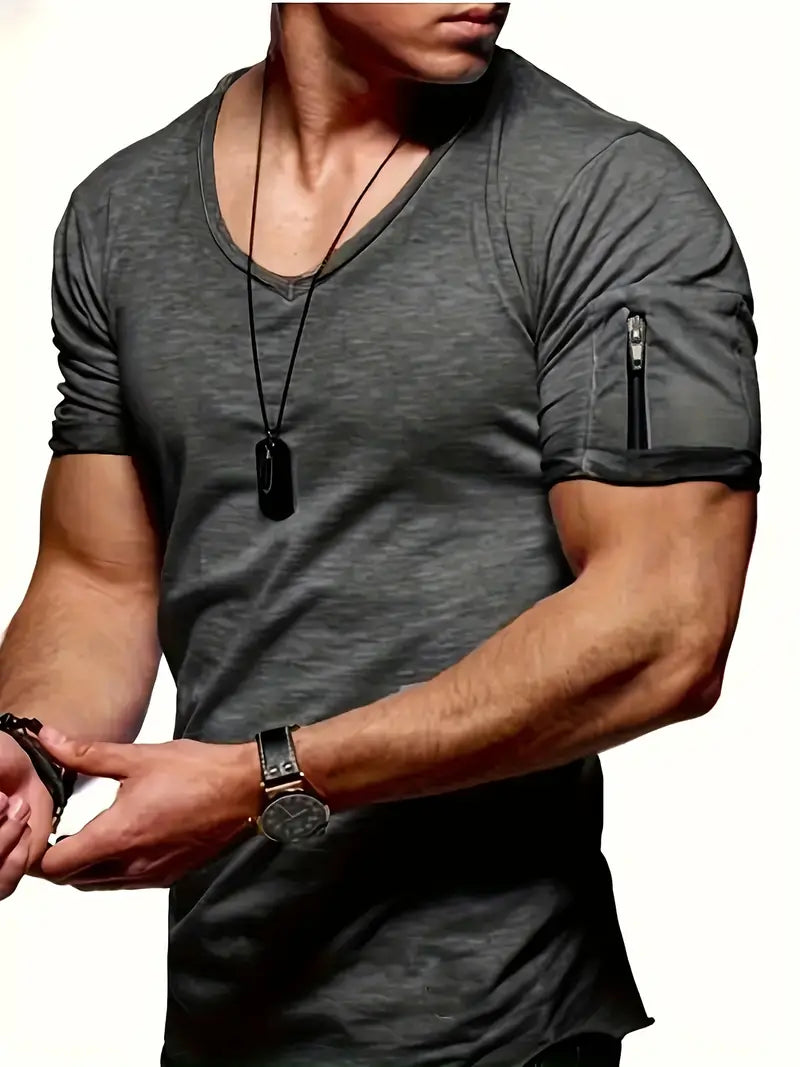 Gobor | Herren-T-Shirt mit V-Ausschnitt, kurzen Ärmeln und Reißverschlussdetails – Lässiges Baumwoll-T-Shirt