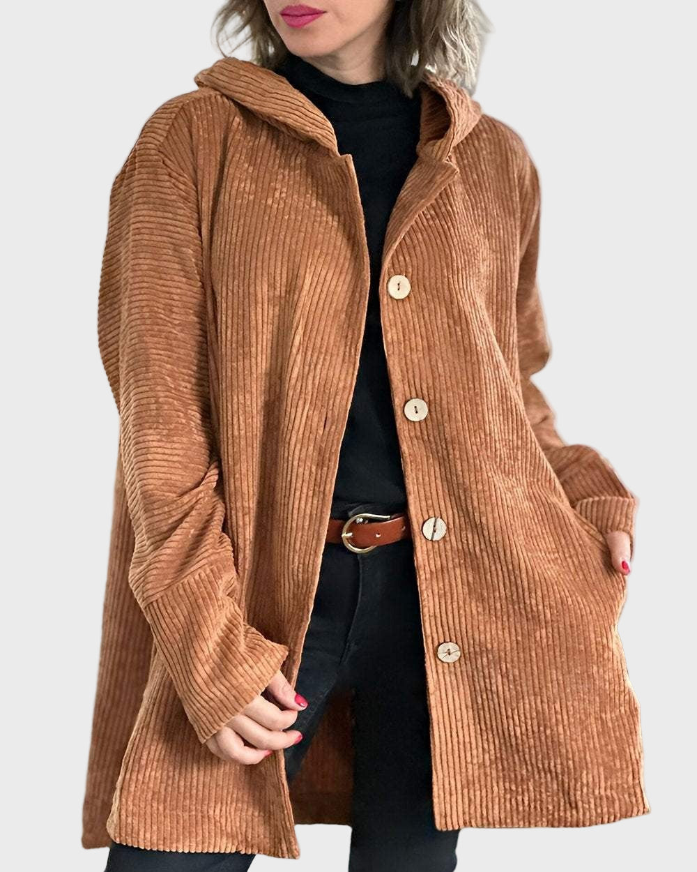 Adelgunde | Dames corduroy jas met capuchon – Casual herfst-winterjas met knopen aan de voorkant