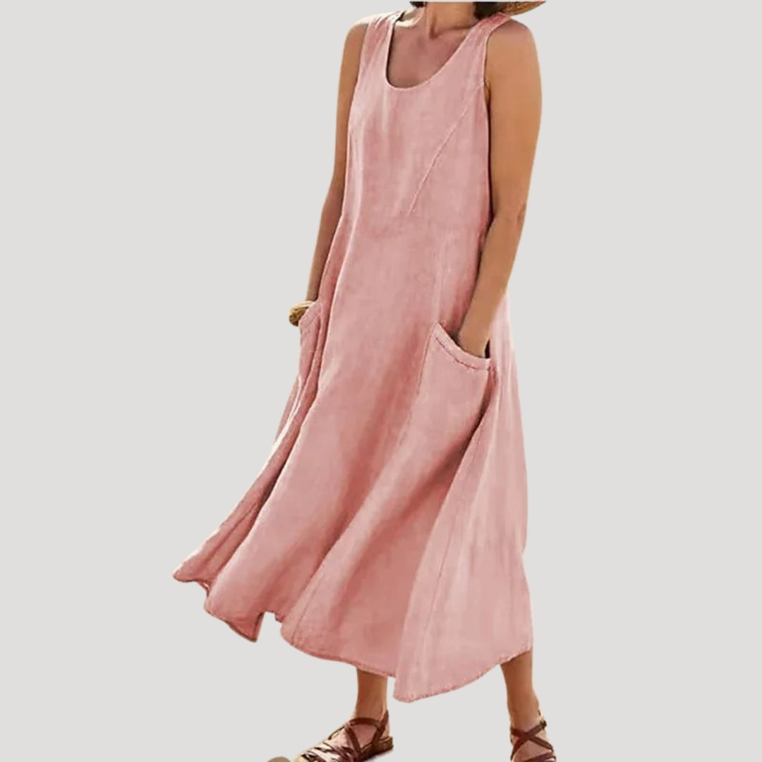 Sylvyra | Midi-jurk zonder mouwen voor dames met zakken – Casual linnenlook, losse pasvorm