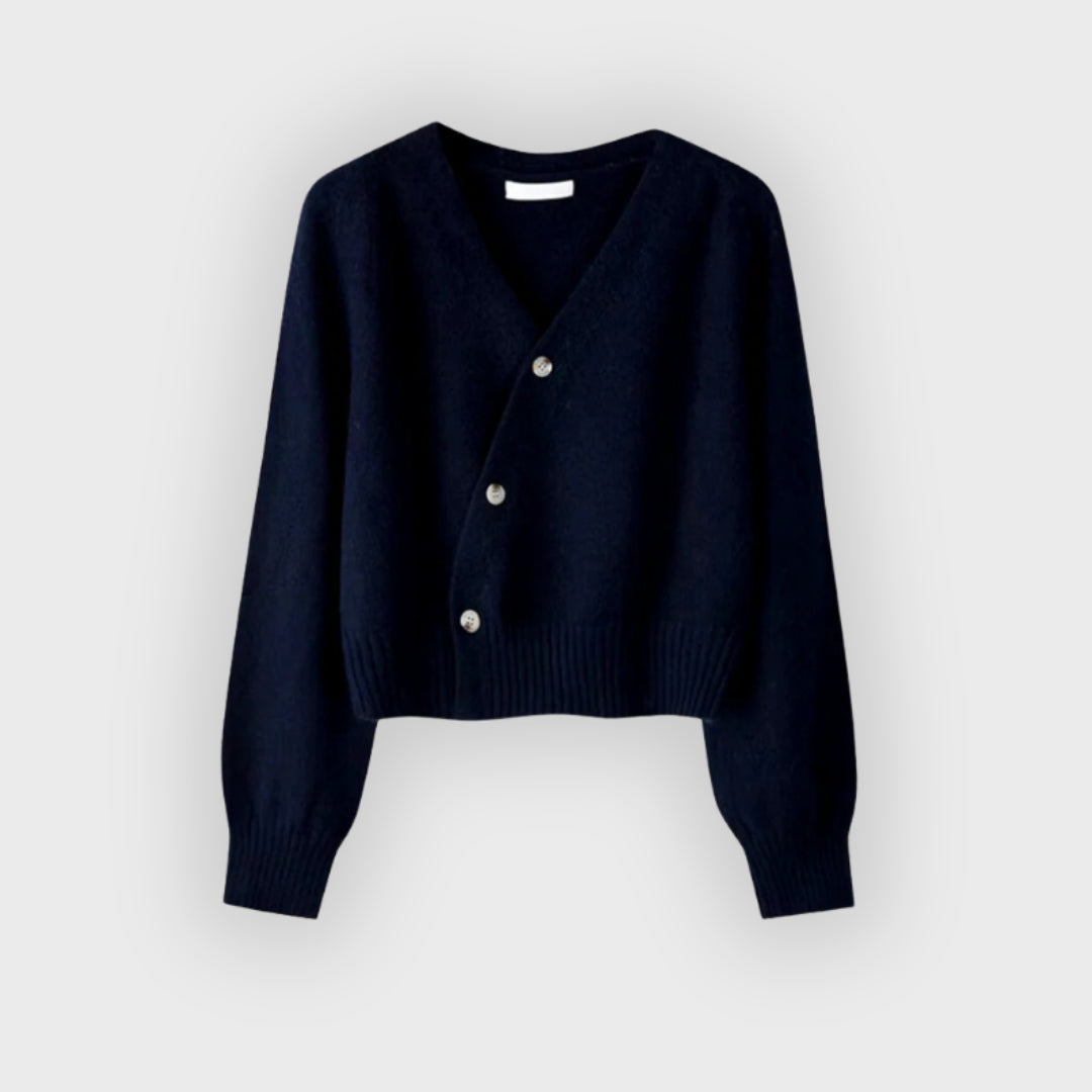 Iverra | Damen-Strickjacke aus Merinowolle – Strickpullover mit V-Ausschnitt und diagonalen Knöpfen