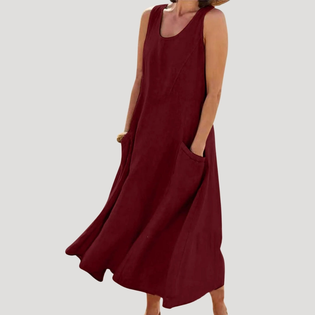 Sylvyra | Midi-jurk zonder mouwen voor dames met zakken – Casual linnenlook, losse pasvorm