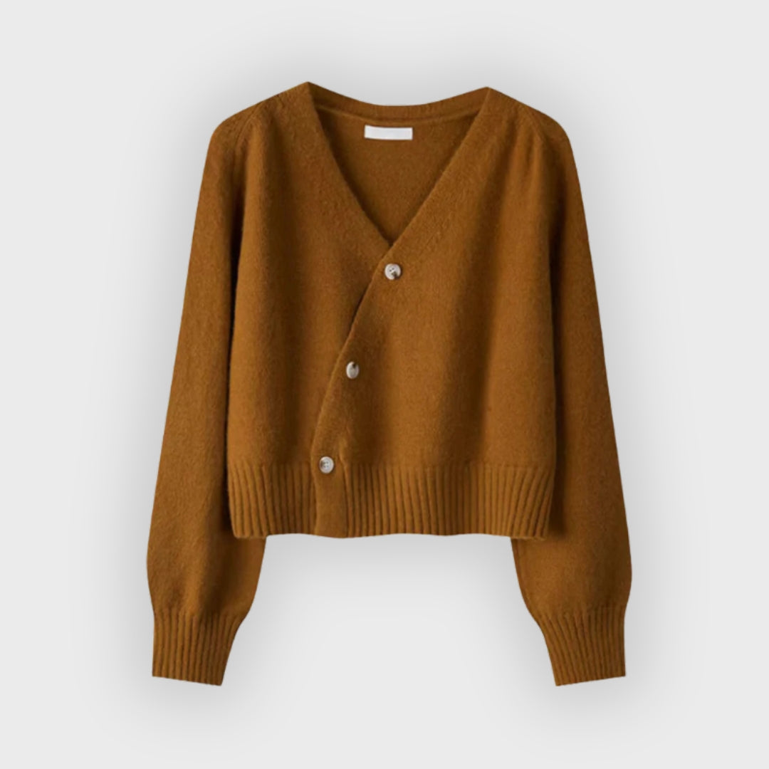 Iverra | Damen-Strickjacke aus Merinowolle – Strickpullover mit V-Ausschnitt und diagonalen Knöpfen