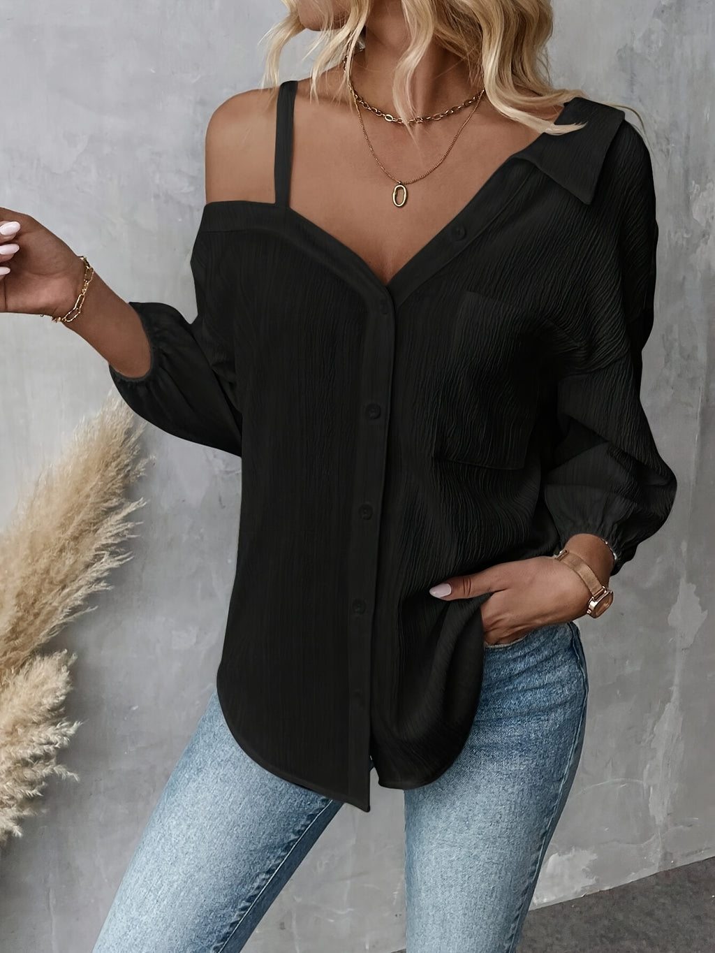 Elthirae | Damesblouse met asymmetrische kraag – Casual blouse met losse pasvorm en verlaagde schouders