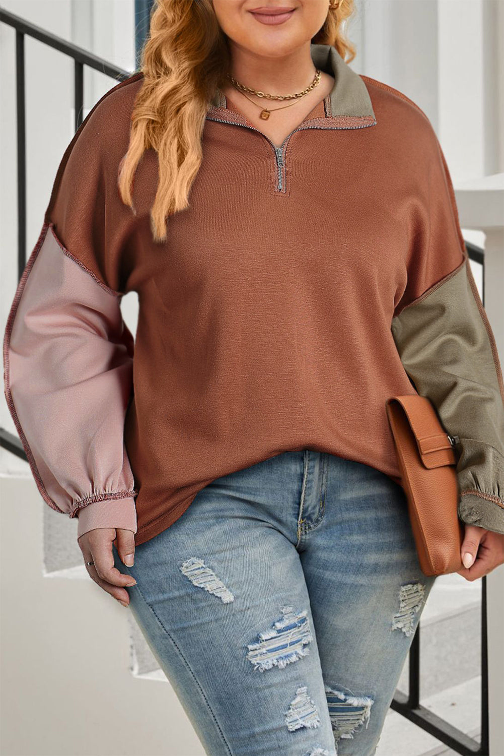Elsinya | Pull à col zippé color block - Pull en maille tricolore à coutures apparentes, coupe décontractée