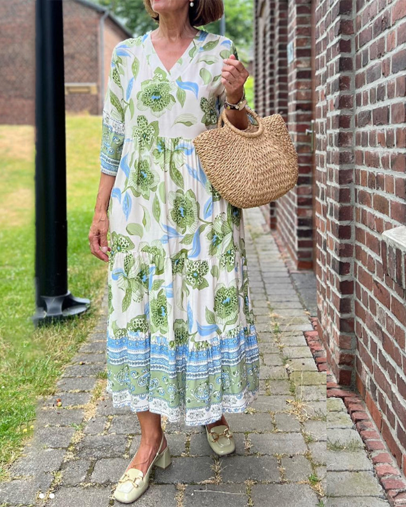 Kexella | Soepelvallende bloemenmaxi-jurk voor dames – Zomerjurk met 3/4 mouwen en V-hals