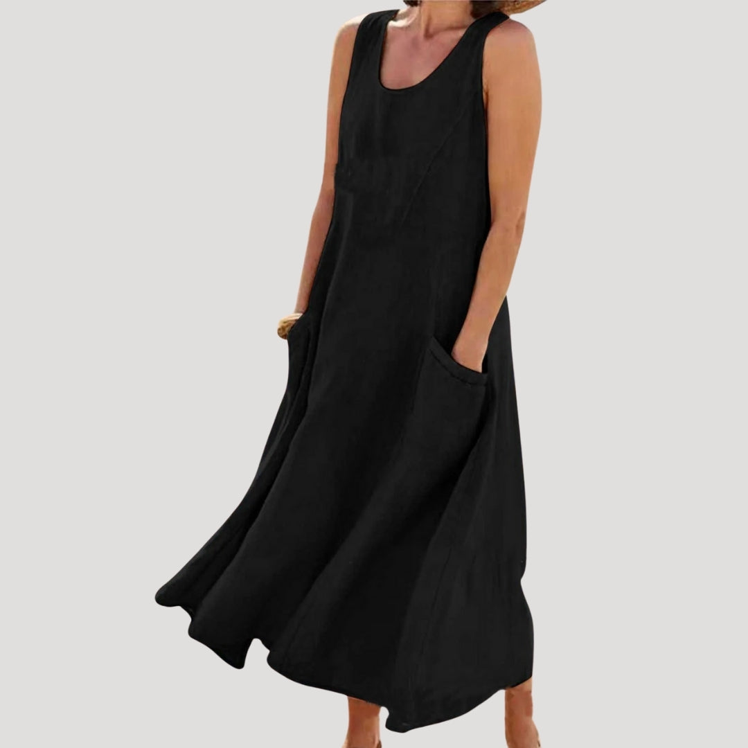 Sylvyra | Midi-jurk zonder mouwen voor dames met zakken – Casual linnenlook, losse pasvorm