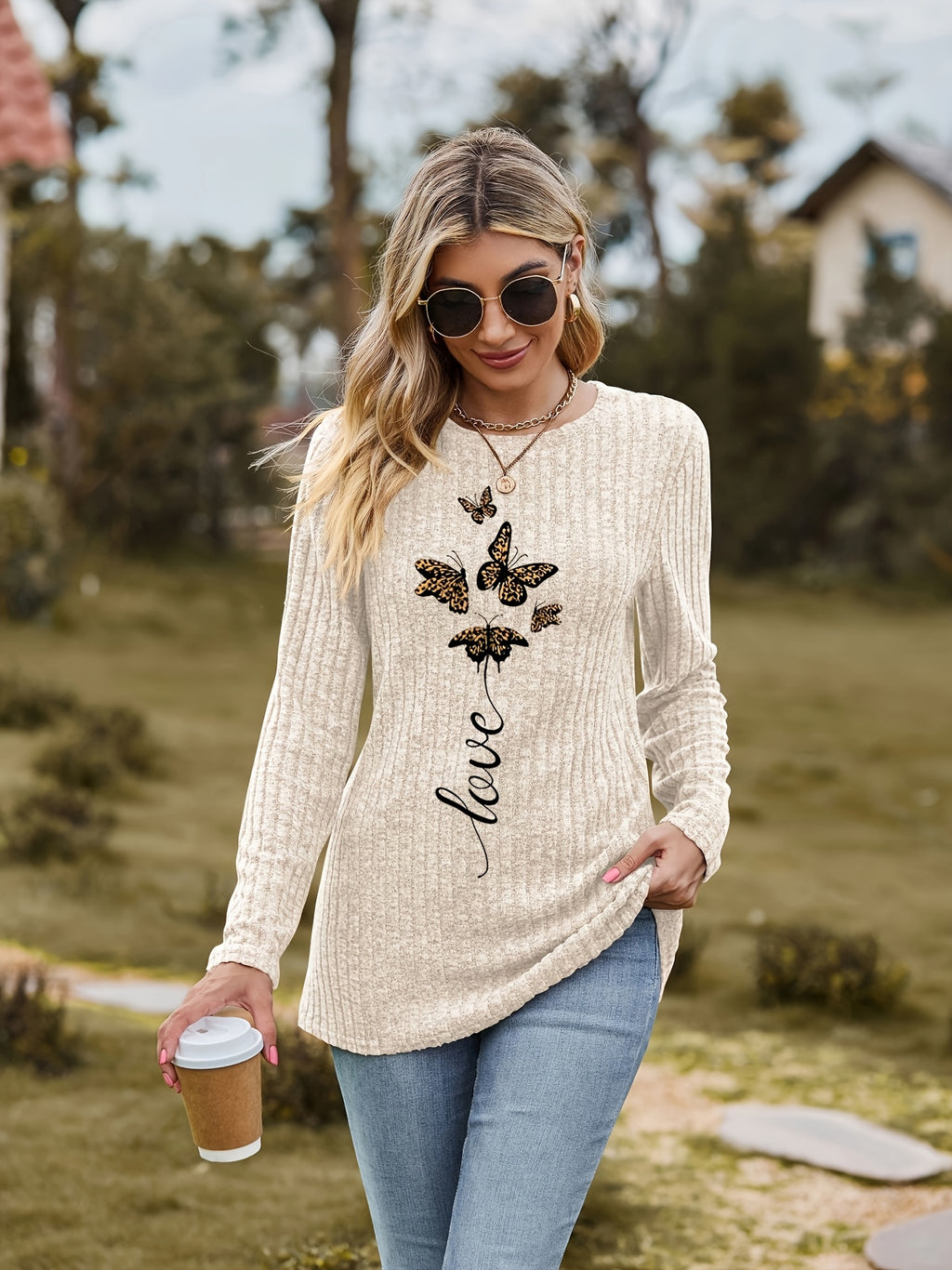 Fayeanne | Elegant T-shirt met vlinderprint voor dames, met lange mouwen, ronde hals, skinny fit en stretch.