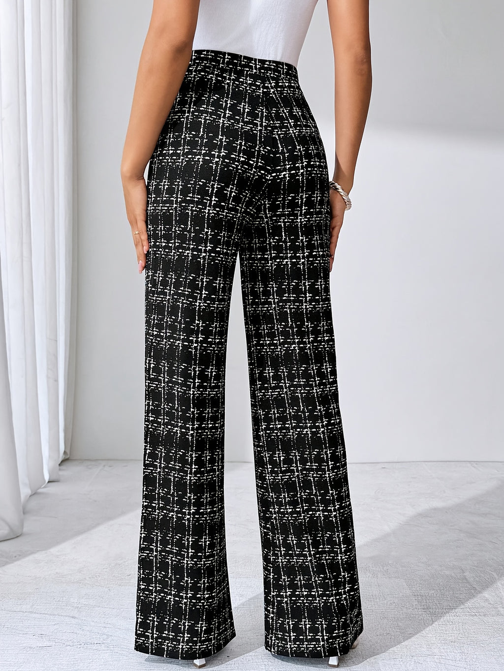 Laverna | Pantalon évasé en tweed à carreaux taille haute pour femme – Pantalon décontracté et extensible à jambes larges