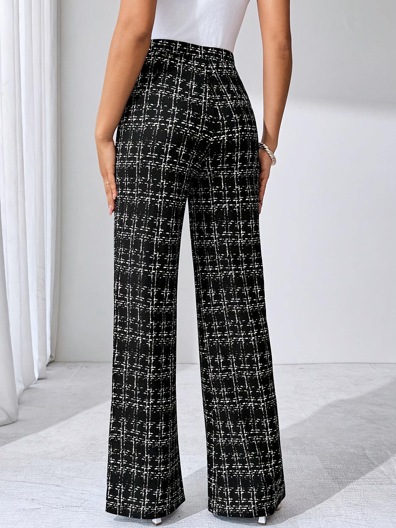 Laverna | Pantalon évasé en tweed à carreaux taille haute pour femme – Pantalon décontracté et extensible à jambes larges