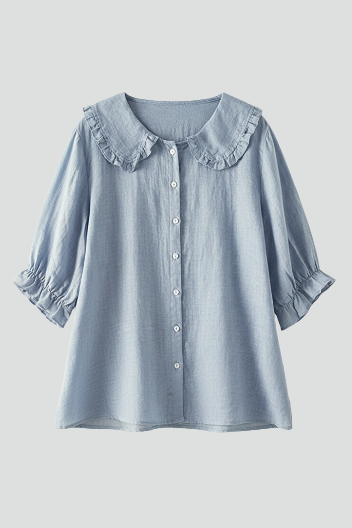 Zarella | Vintage katoenen blouse voor dames – ruches Peter Pan-kraag, half lange mouwen