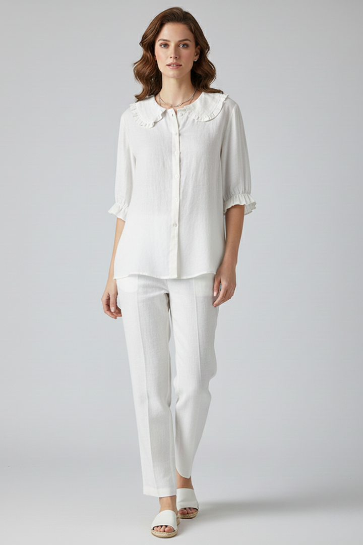 Zarella | Vintage katoenen blouse voor dames – ruches Peter Pan-kraag, half lange mouwen