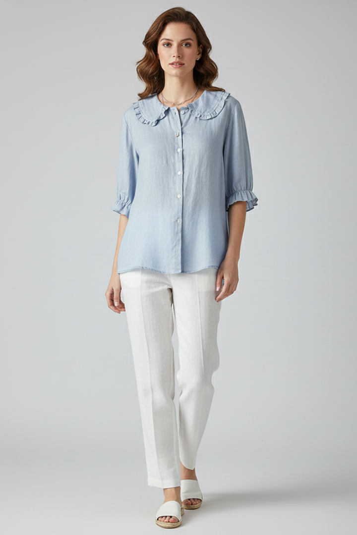 Zarella | Vintage katoenen blouse voor dames – ruches Peter Pan-kraag, half lange mouwen