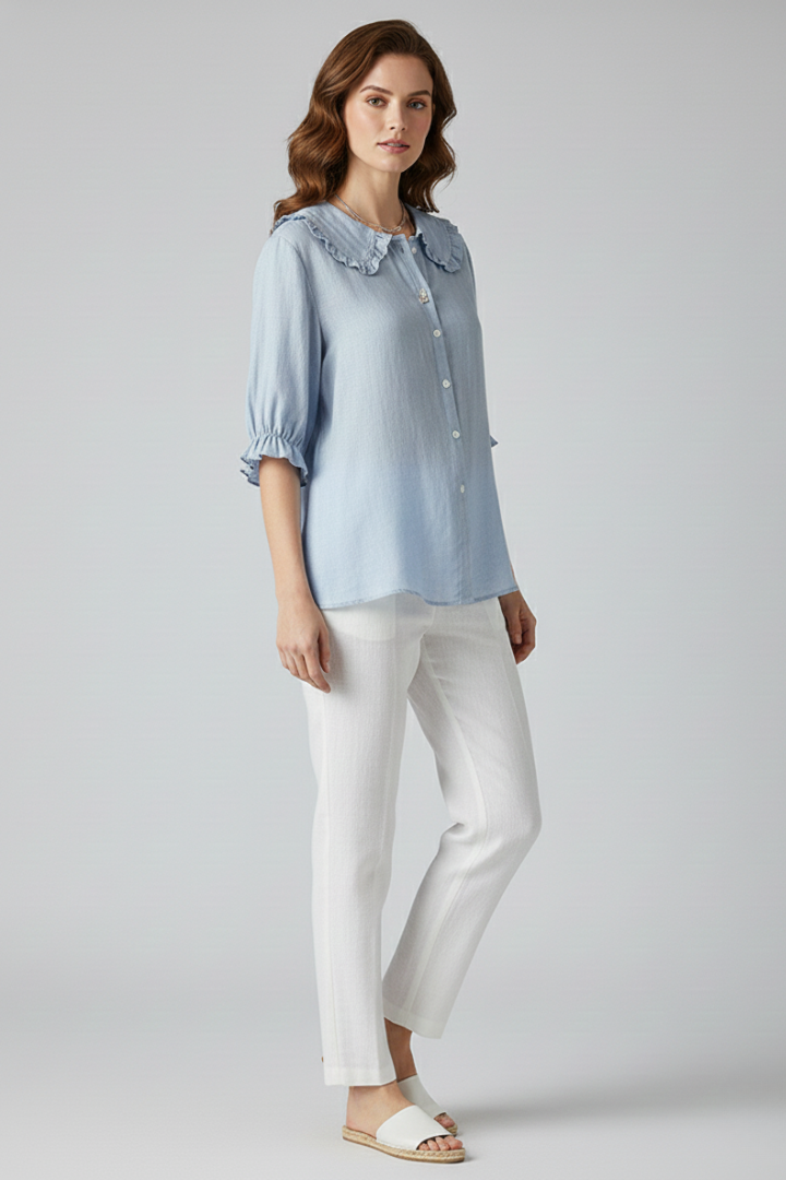 Zarella | Vintage katoenen blouse voor dames – ruches Peter Pan-kraag, half lange mouwen