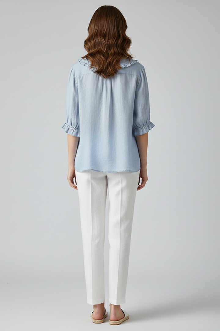 Zarella | Vintage katoenen blouse voor dames – ruches Peter Pan-kraag, half lange mouwen