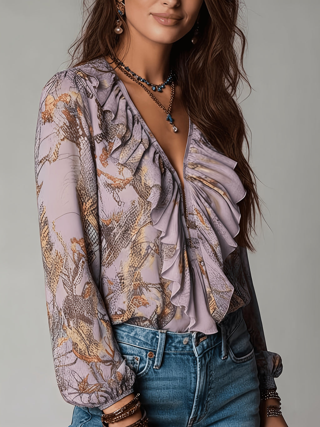 Lyta | Damesblouse van chiffon met bloemen- en slangenprint en ruches bij de V-hals
