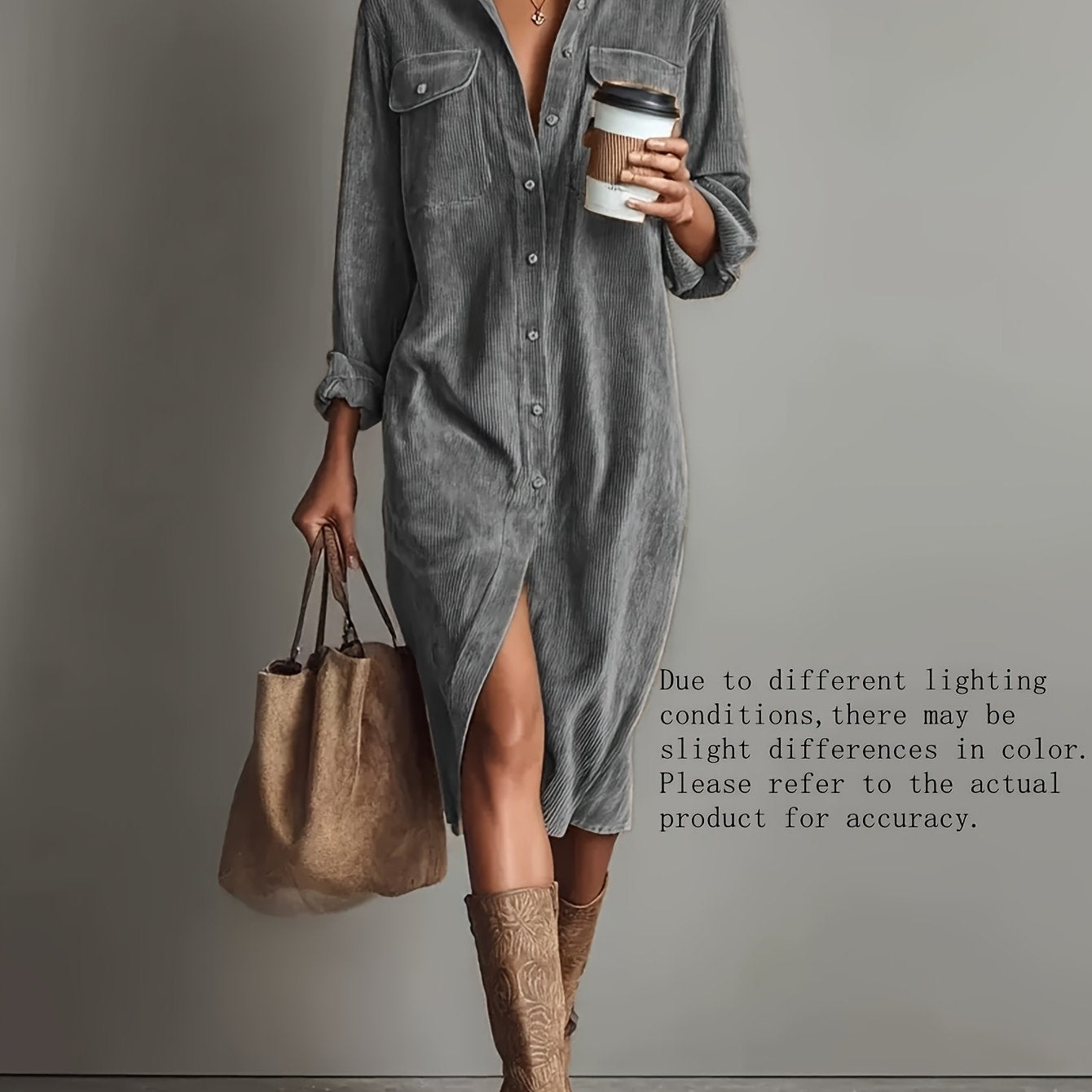 Vinaya | Elegante corduroy shirtjurk voor dames met zakken, casual werkkledingstijl