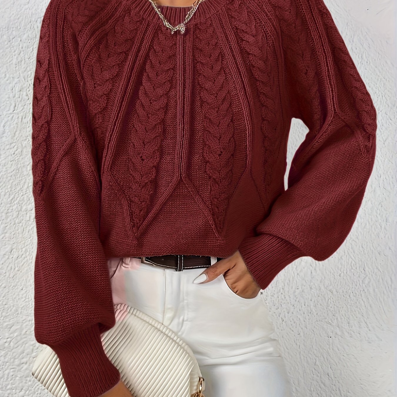 Kalyth | Damen-Zopfstrickpullover mit Laternenärmeln – Elegantes Strickoberteil für Herbst und Winter