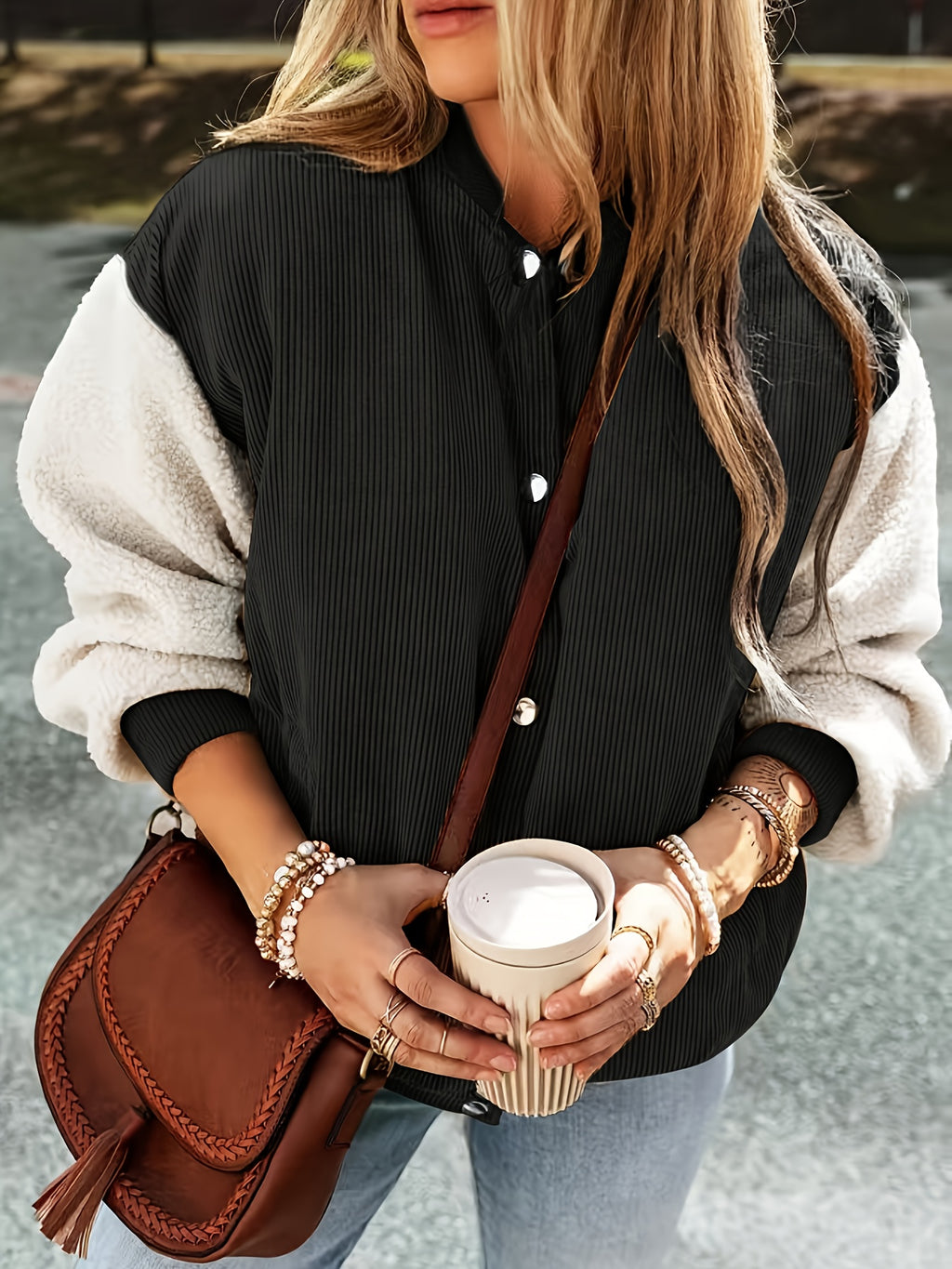 Brivienne | Elegante Jacke mit Baseballkragen und Farbblöcken, warmer Cord, Herbst-/Winterbekleidung