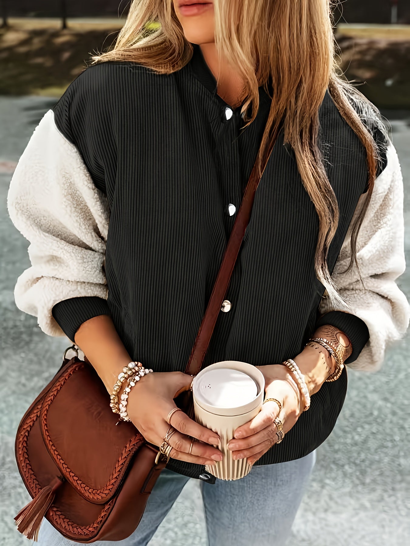 Brivienne | Elegante Jacke mit Baseballkragen und Farbblöcken, warmer Cord, Herbst-/Winterbekleidung