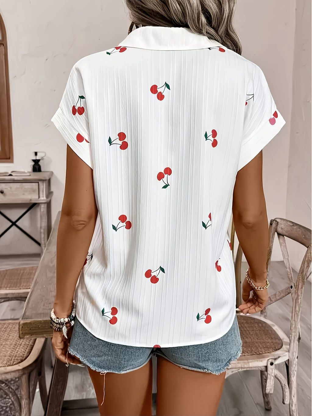 Azmara | Damesblouse met kersenprint – Overhemd met korte mouwen en knoopsluiting