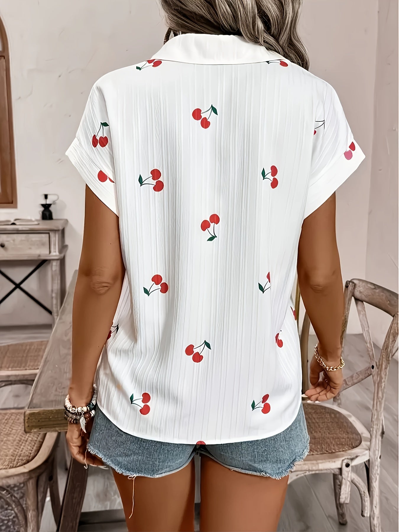 Azmara | Damesblouse met kersenprint – Overhemd met korte mouwen en knoopsluiting