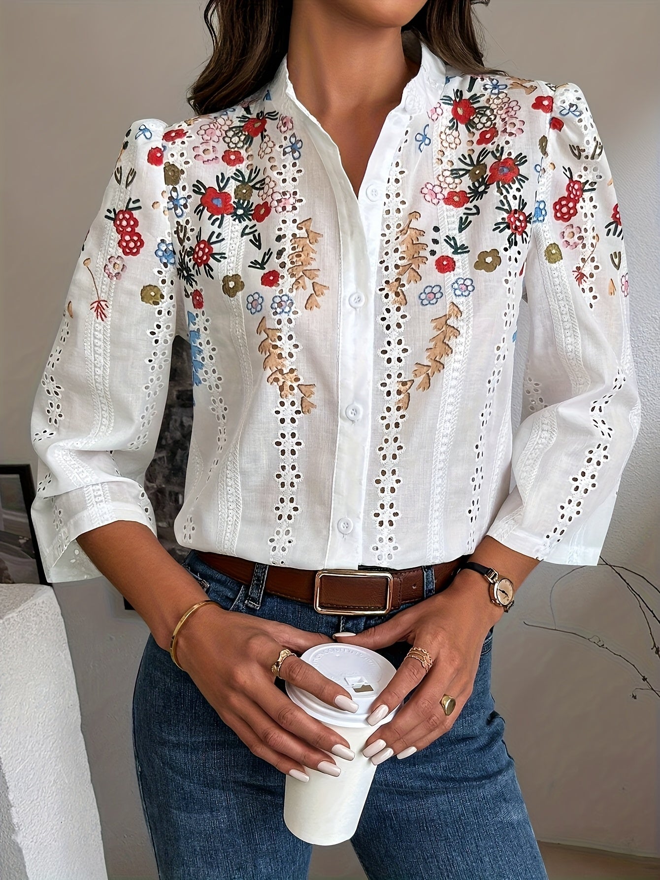 Liorith | Damesblouse met print en lange mouwen – Overhemd met losse pasvorm en knoopsluiting