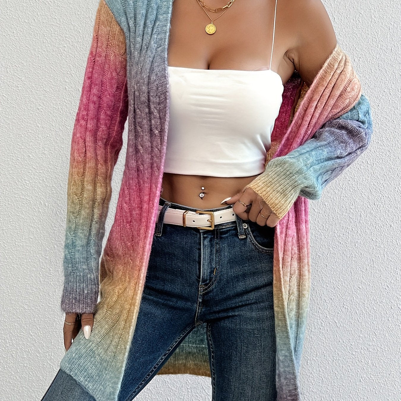 Alyssia | Ombre vest voor dames – pastelroze naar blauw/paars, lang model met open voorkant