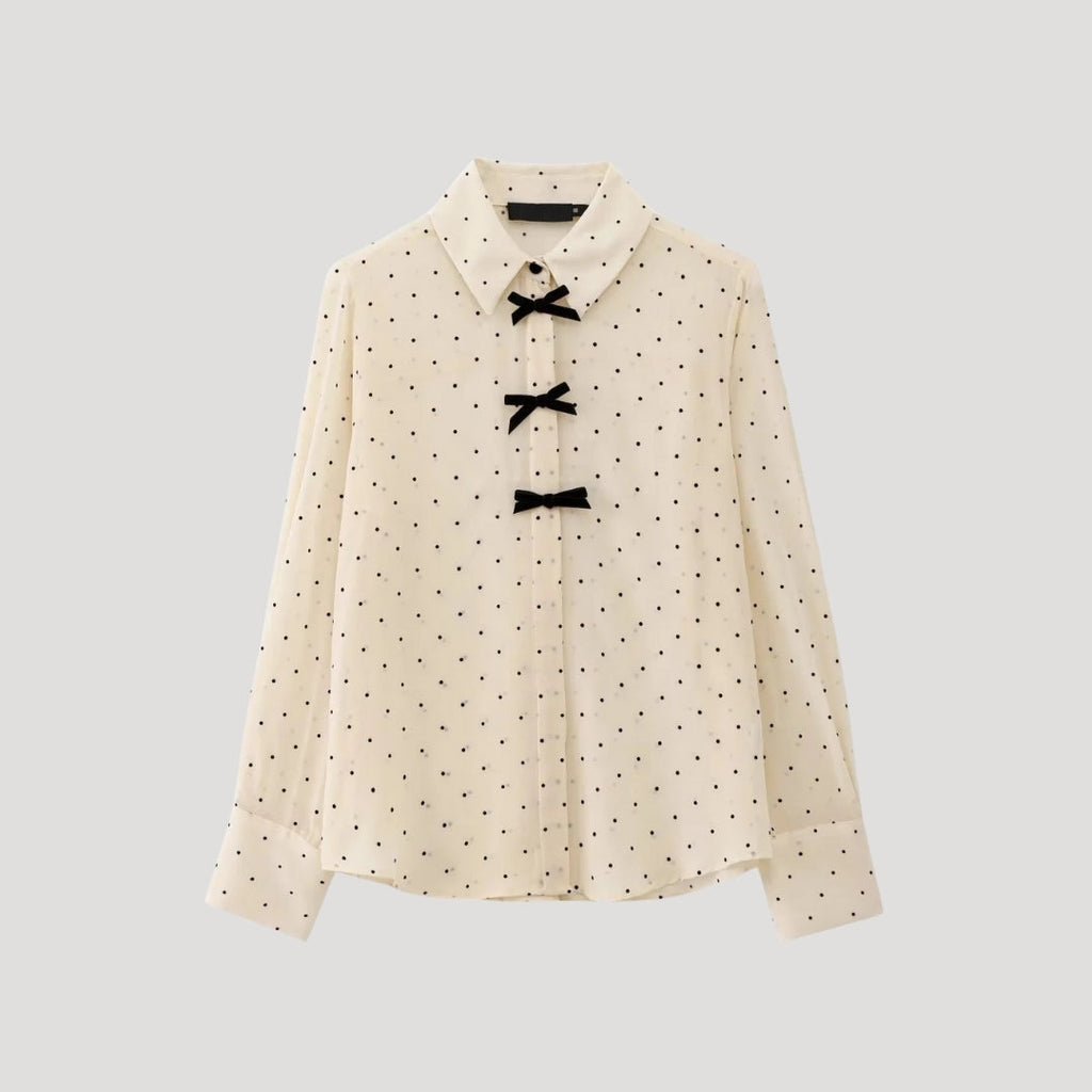 Ylena | Damesblouse met stippen en strik – Chiffon blouse met lange mouwen, elegante kantoor top