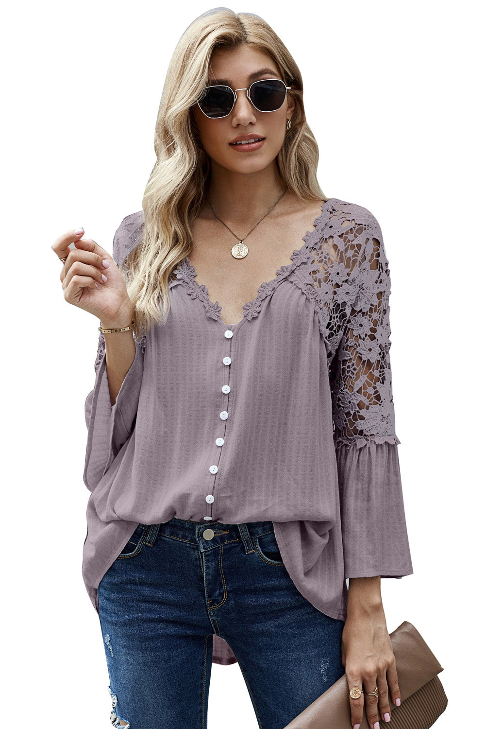 Quenlira | Paars Gehaakte Blouse met Kant – Button-Up, Chic Zomertop