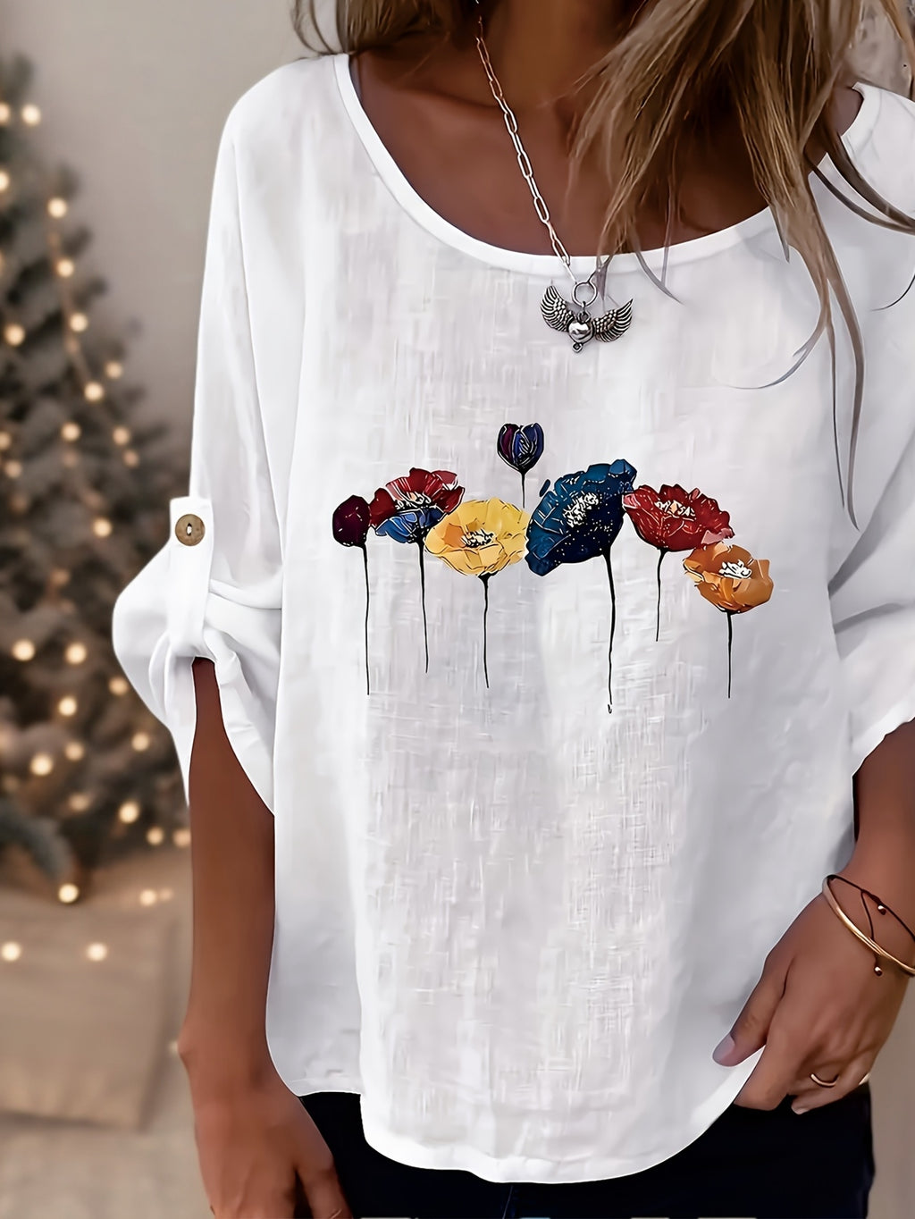 Lunelle | Elegant dames-T-shirt met bloemenprint en ronde hals – Casual, losse pasvorm, knoopjes, lente