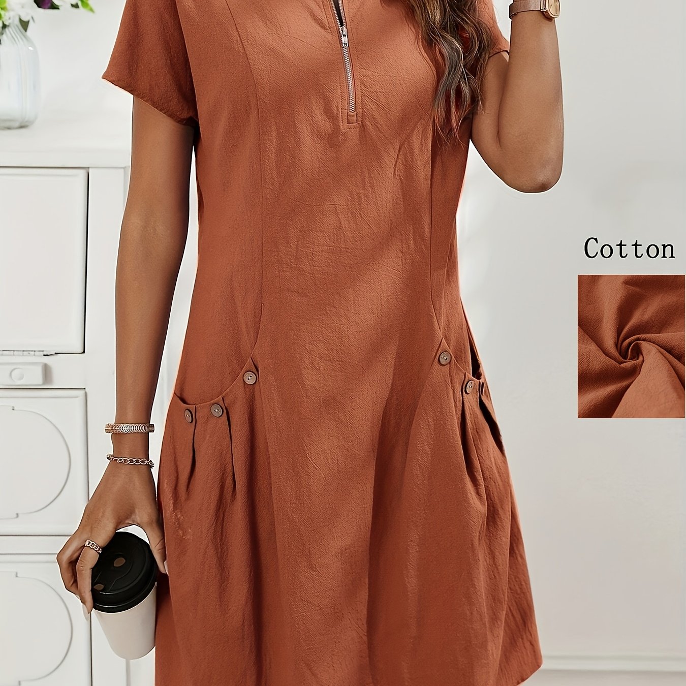 Zirelia | Zomerse casual overhemdjurk voor dames – halve rits, knoopdetails en dubbele zakken