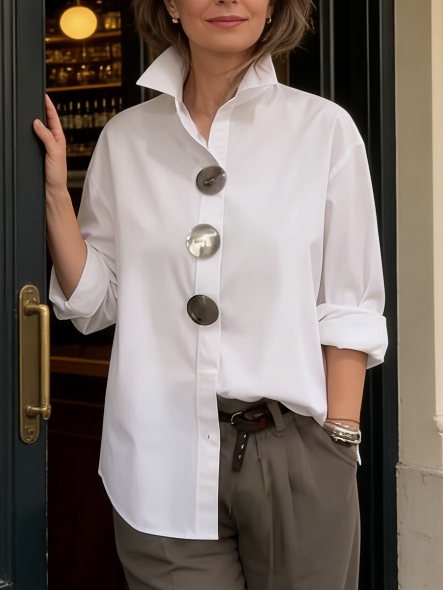 Moria | Chique damesblouse met opstaande kraag – Elegant werkhemd met metalen knopen