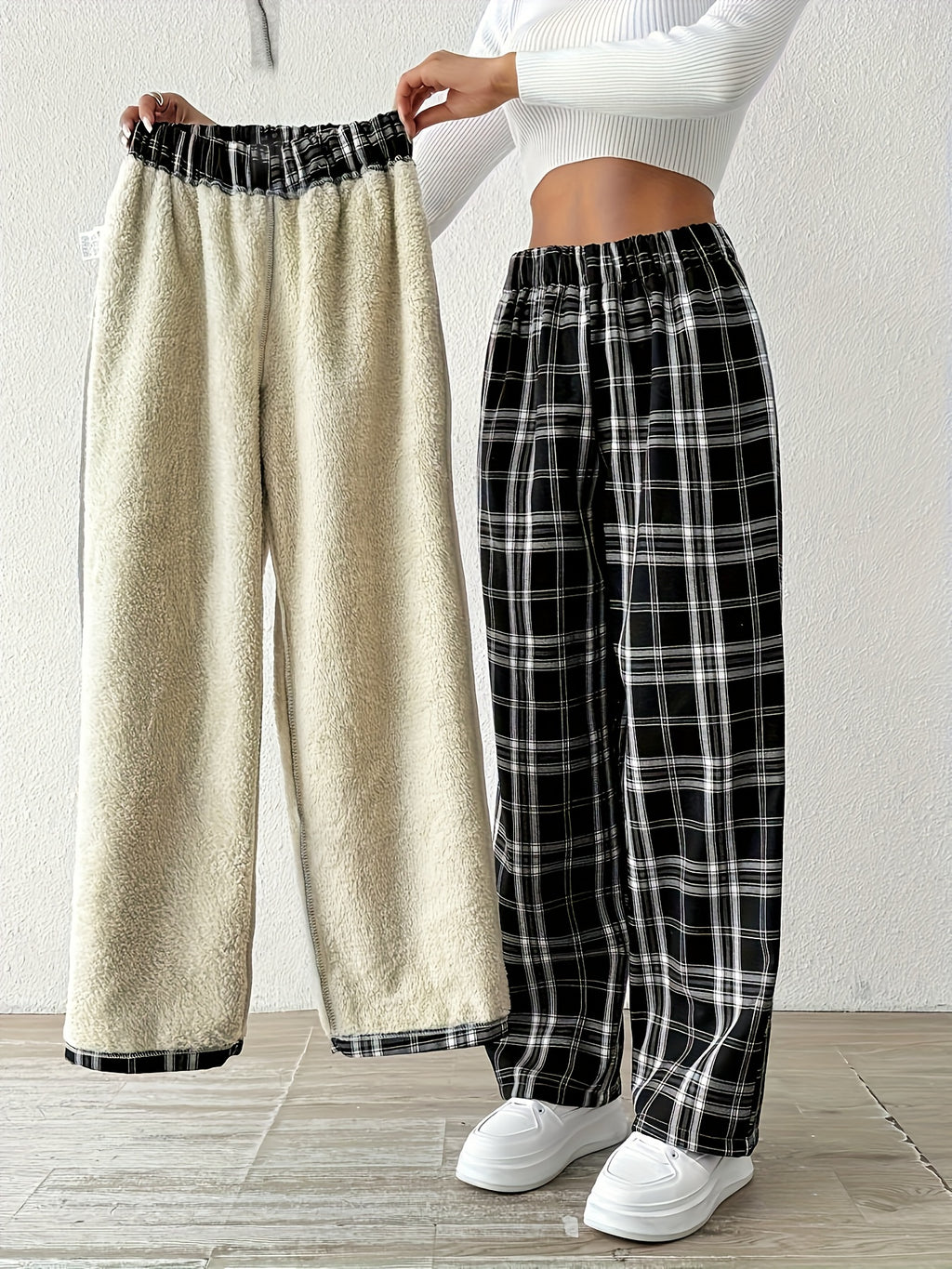 Grisella | Damesbroek met geruite voering van fleece, rechte pijpen, warme casual- en loungewear, winterbroek