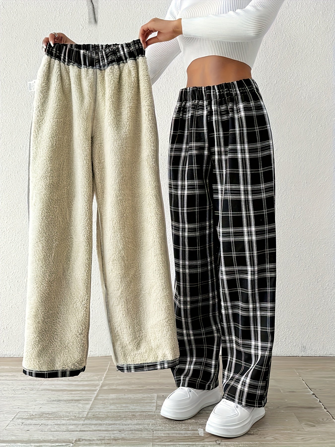 Grisella | Damesbroek met geruite voering van fleece, rechte pijpen, warme casual- en loungewear, winterbroek