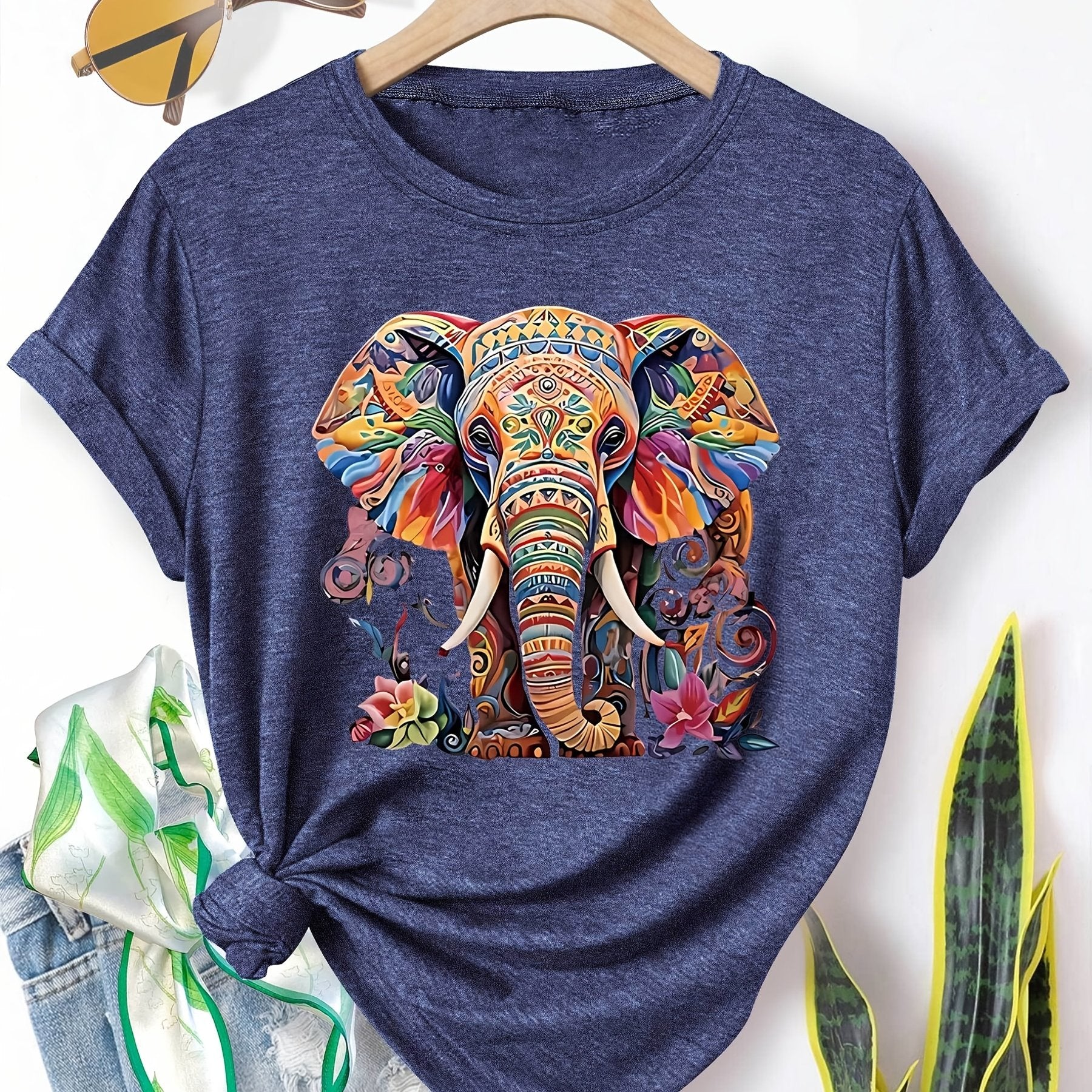 Menya | Dames-T-shirt met olifantenprint – Casual T-shirt in retrostijl met ronde hals en korte mouwen