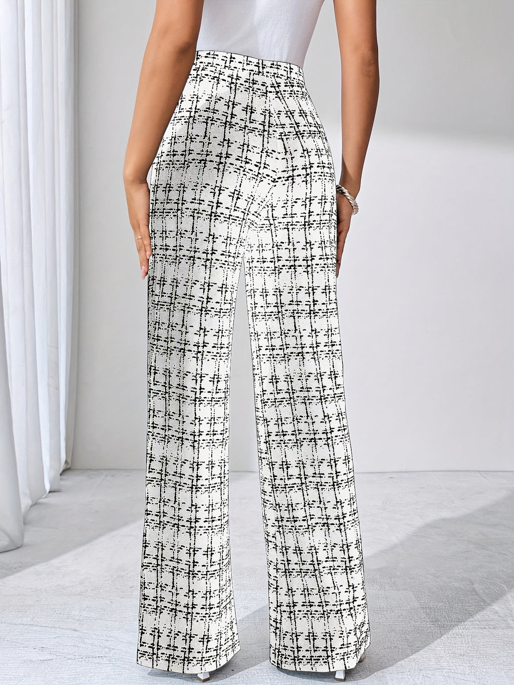 Laverna | Pantalon évasé en tweed à carreaux taille haute pour femme – Pantalon décontracté et extensible à jambes larges
