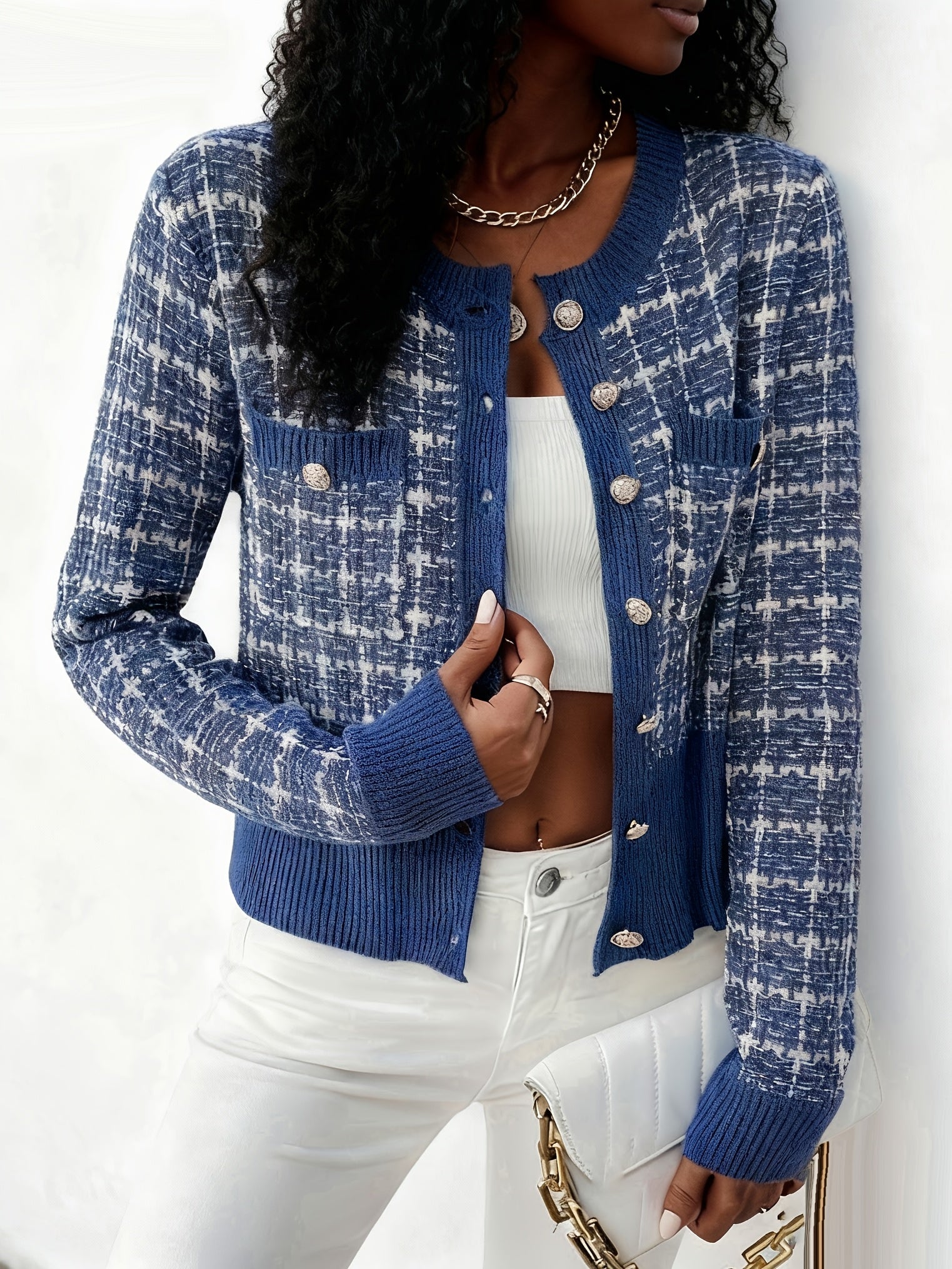 Rella | Dames Geruite Tweed Cardigan – Gebreid Vest met Knopen aan de Voorkant