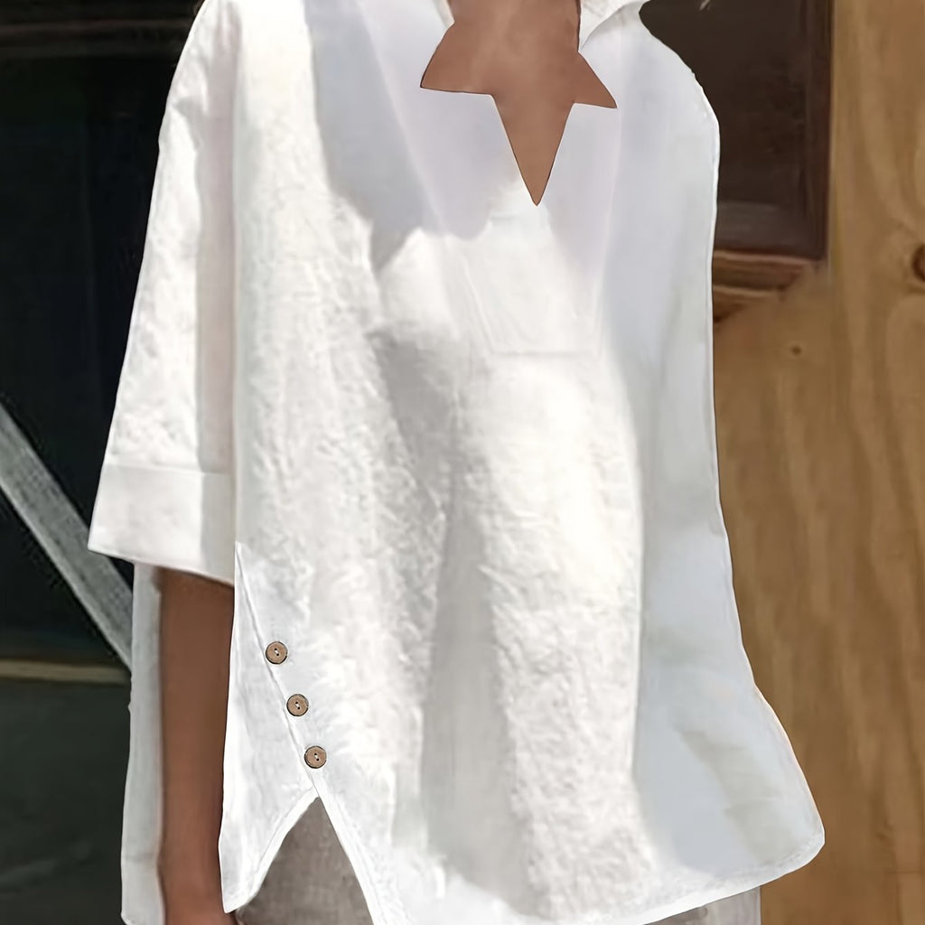 Senia | Zomertop voor dames met losse pasvorm – Casual blouse met V-hals en korte mouwen