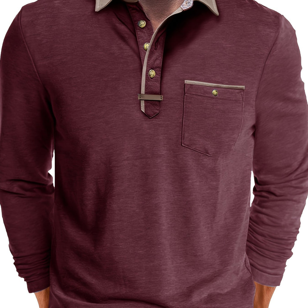 Paulo | Polo homme à manches longues – Henley décontracté avec col color-block et poche poitrine
