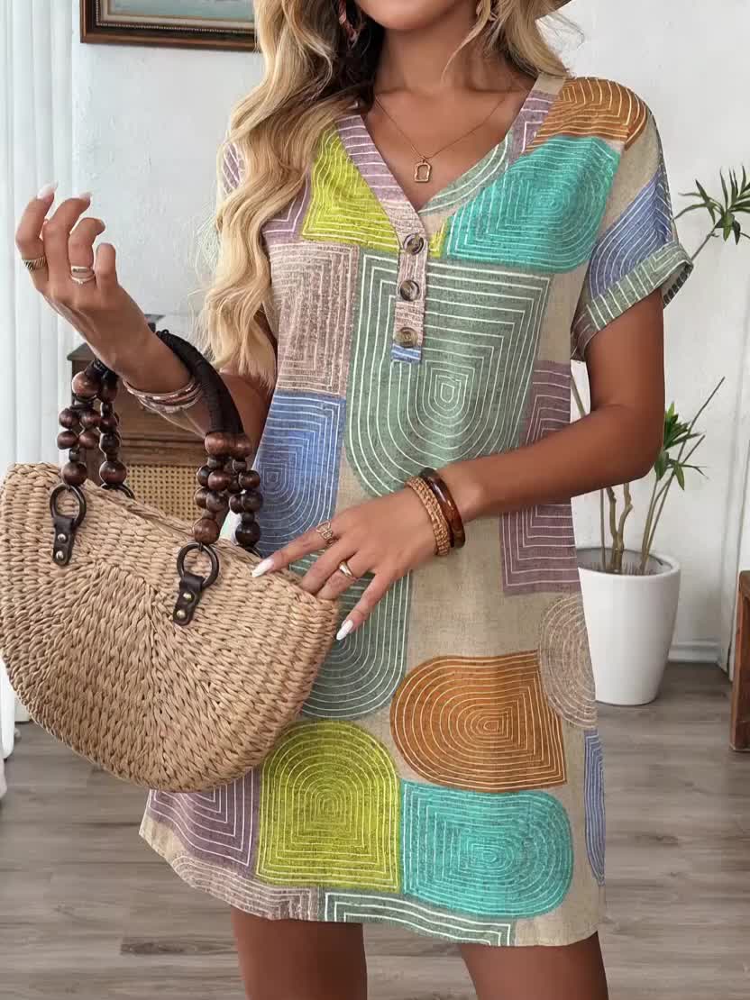 Elvina | Damesjurk met V-hals en strakke pasvorm – Elegante knielange jurk met patchworkprint