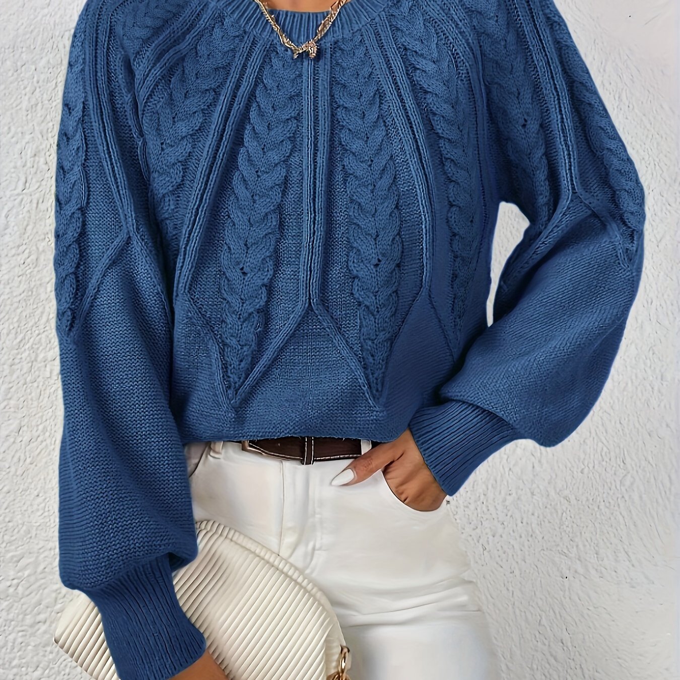 Kalyth | Damen-Zopfstrickpullover mit Laternenärmeln – Elegantes Strickoberteil für Herbst und Winter