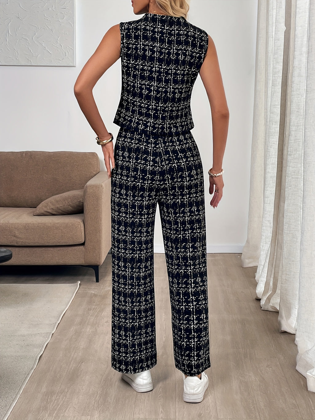 Klaudia | Elegante geruite Tweed print mouwloze top & broek set voor dames