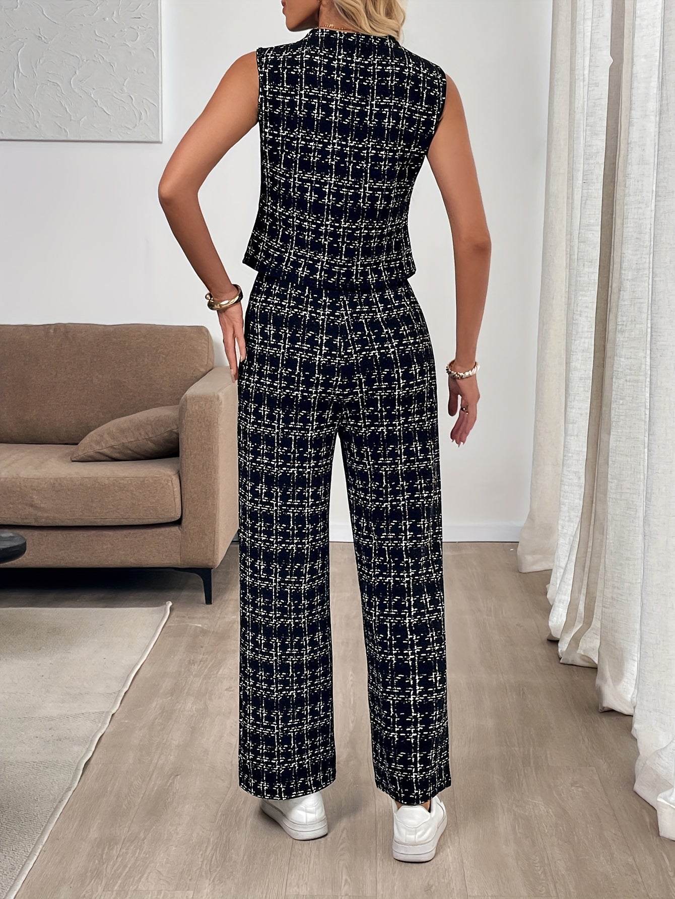 Klaudia | Elegante geruite Tweed print mouwloze top & broek set voor dames