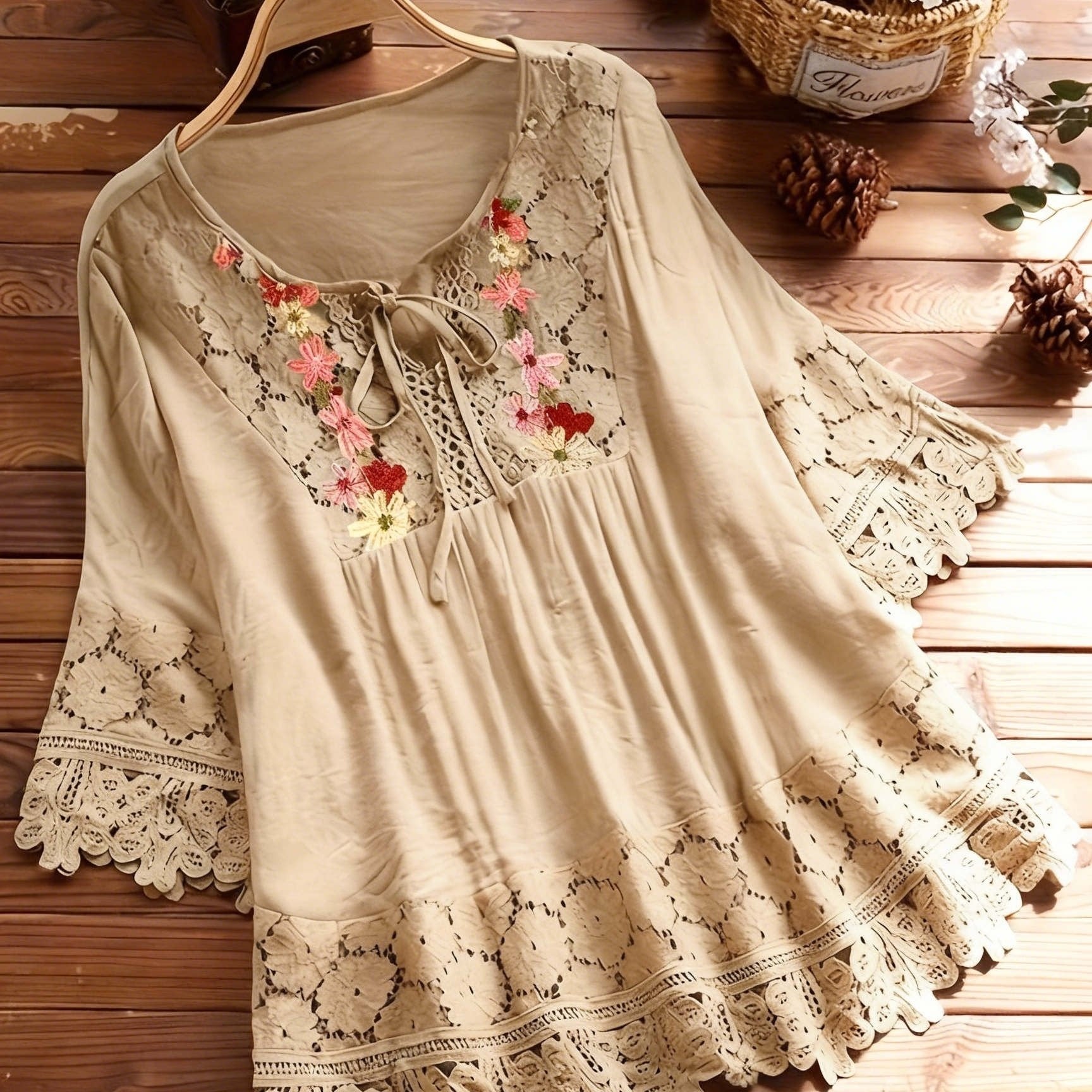 Elarona | Damesblouse met kanten patchwork – Lente/zomer-top met lange mouwen