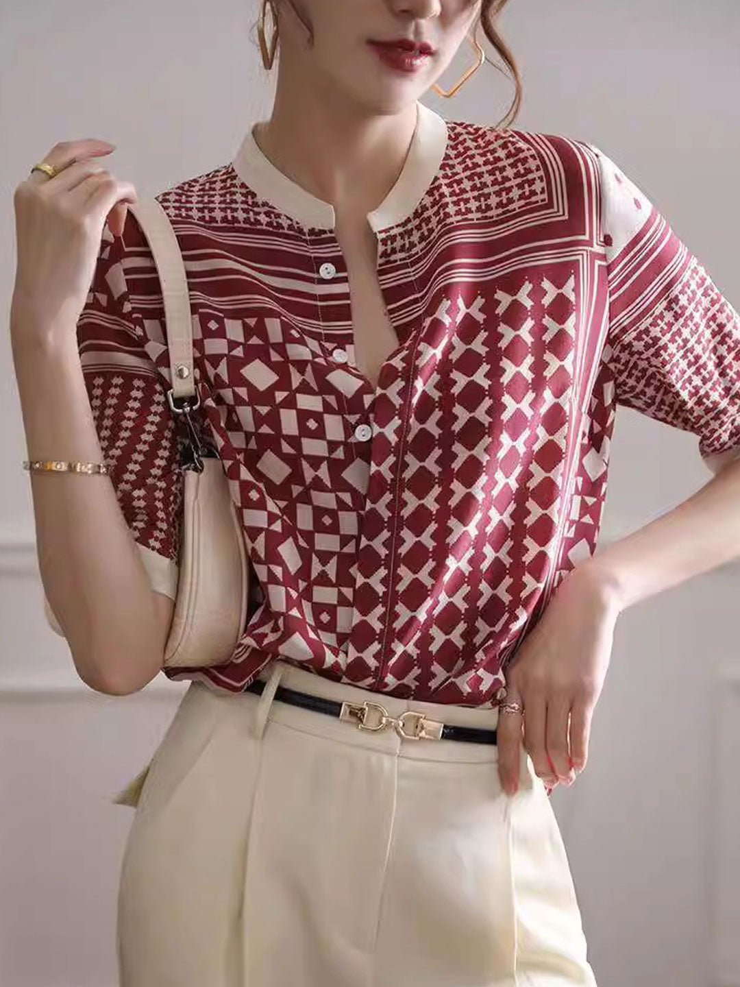 Zulema | Dameshemd met geometrische abstracte print - 3/4 mouwen, lichtgewicht blouse