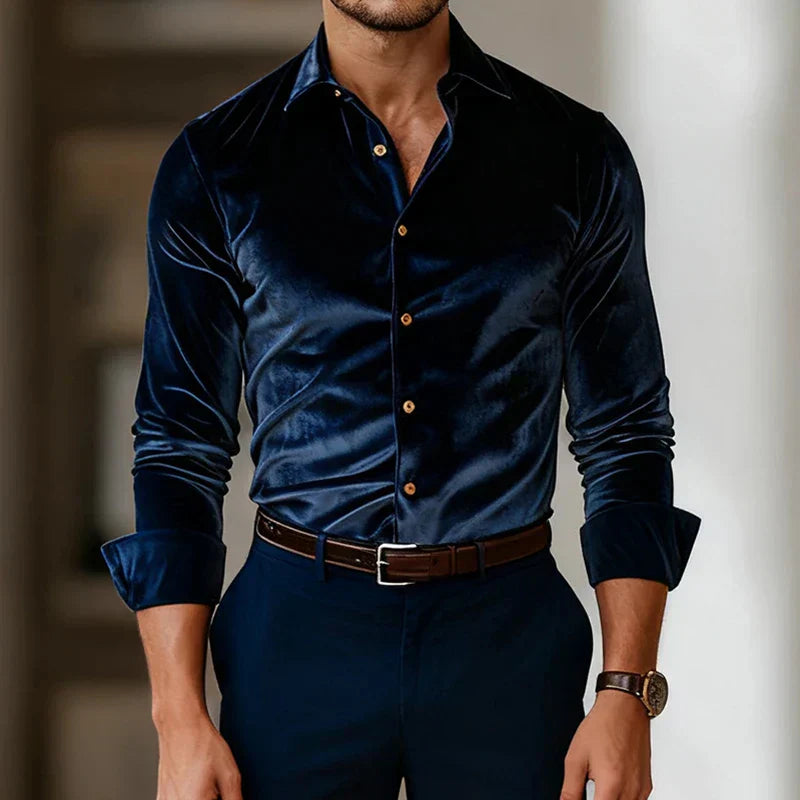 Surge | Men’s Velvet Button-Up Blouse Shirt, Soft Luxe Velvet Top, Long Sleeve Evening & Smart Casual