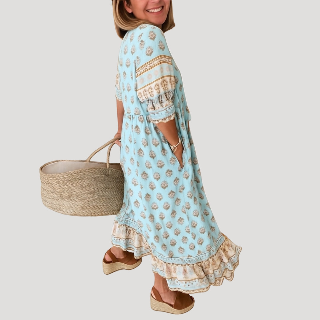Rosaleth | Vloeiende boho midi-jurk voor dames – Zomerse strandjurk met zakken