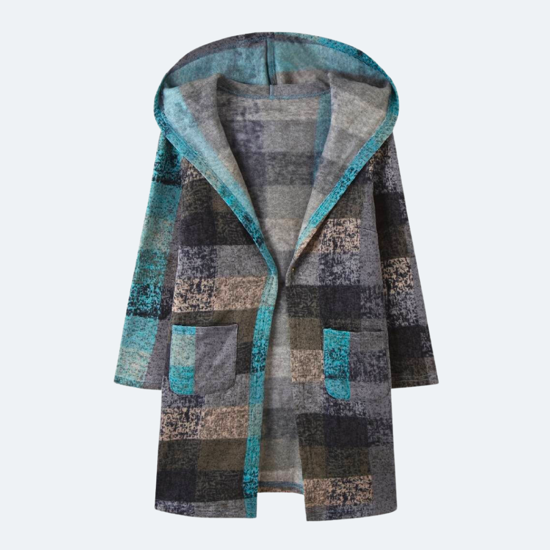 Sorynna | Gilet à capuche oversize à carreaux pour femme – Gilet multicolore ouvert sur le devant
