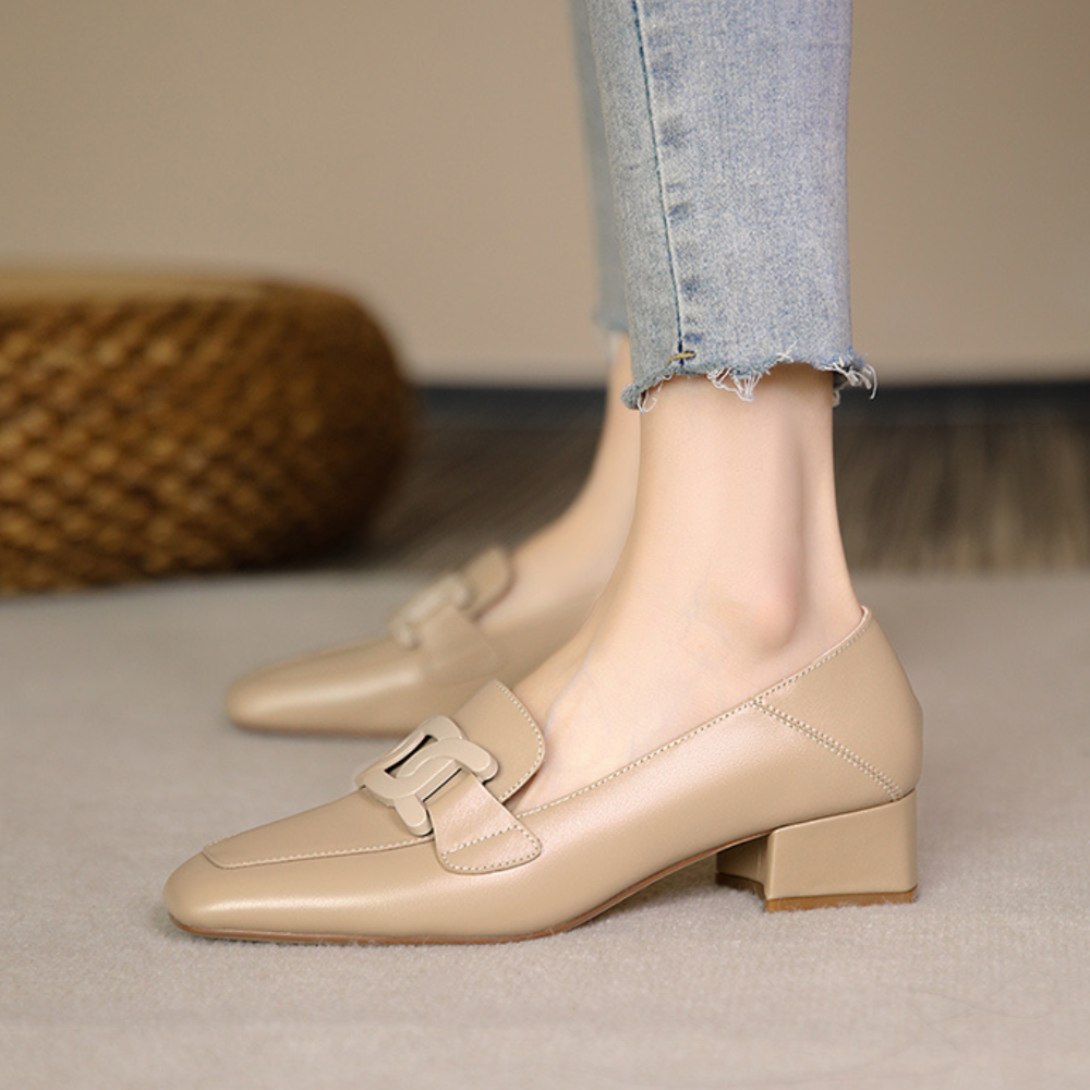 Evrynth | Dames leren loafers - Elegant gespdesign, dikke hakken
