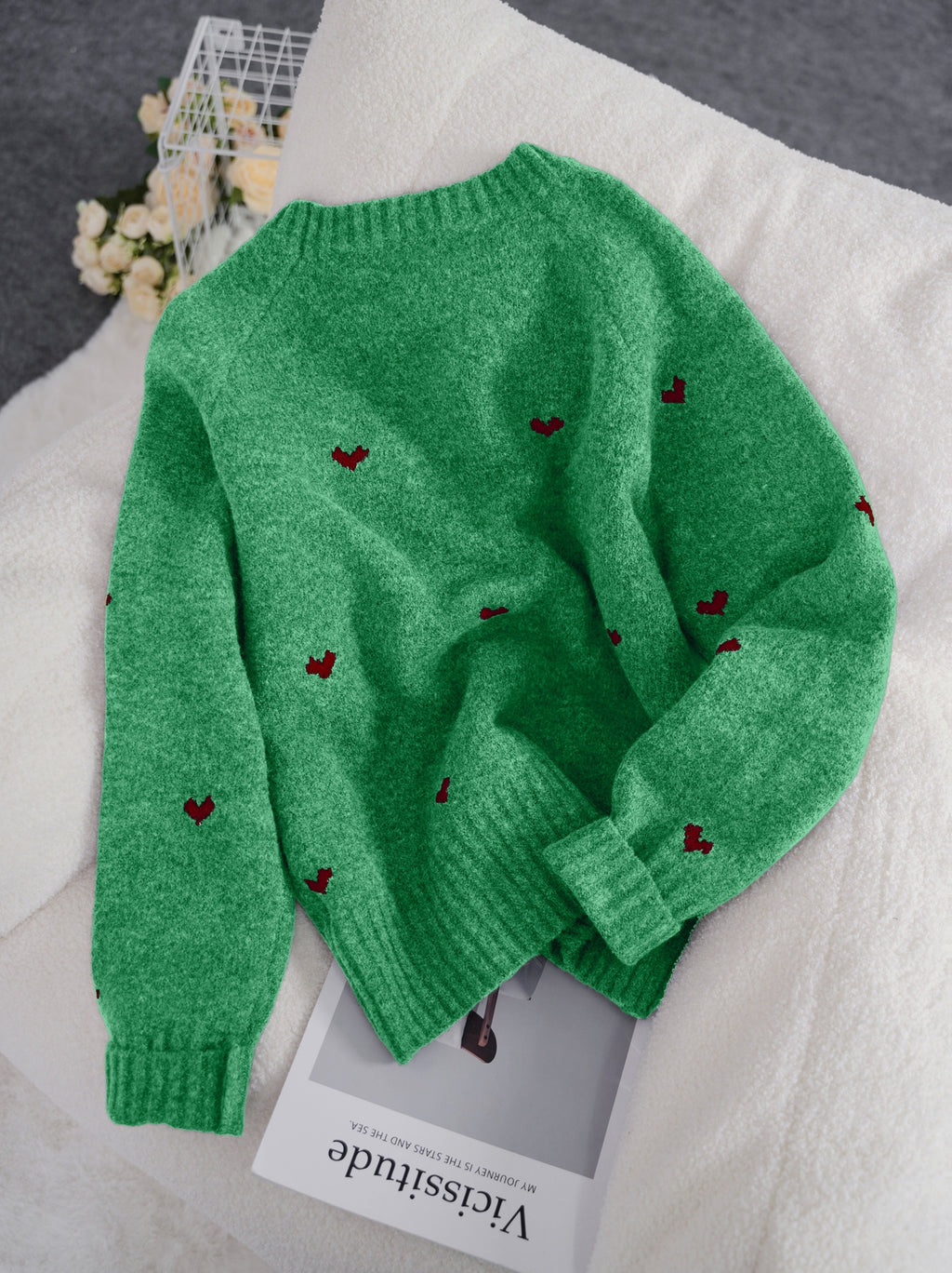 Solenne | Dames trui met hartjespatroon – Minimalistische gebreide pullover, ronde hals, losse pasvorm